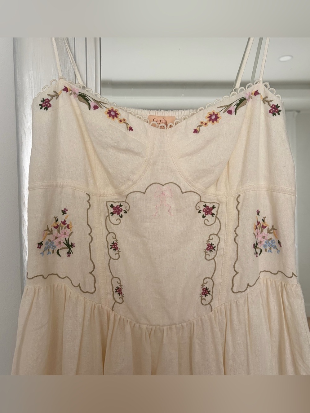 New Camila Coelho Embroidered Linen Blend Midi Dress Ivory Cottagecore Large - Picture 6 of 12
